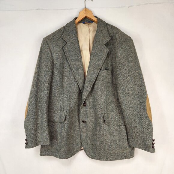 Vtg Pendleton Wool Sport Coat Men's 46 Elbow Patches Green Tan Blazer Jacket - Picture 1 of 12